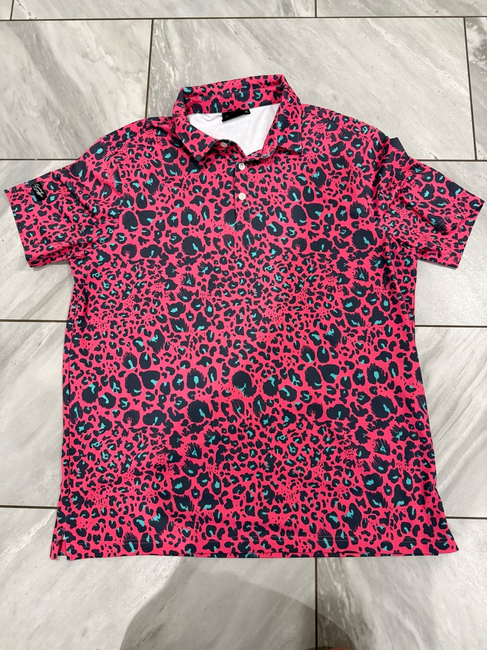 Men's Pink Leopard-Print Polo with Teal Accents